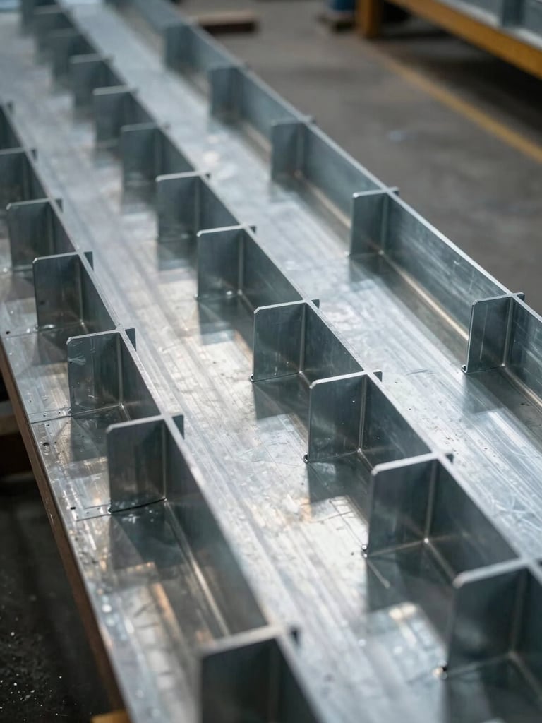 Close-up overhead view of sheet metal ductwork fabrication on a workshop floor, freshly cut flanged sections aligned in rows, industrial work lights casting hard shadows across the steel surfaces, no people in frame