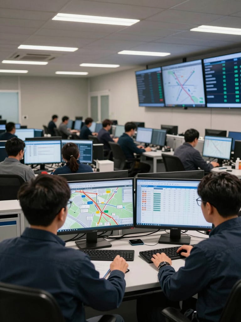 Wide shot of an active logistics coordination center, operators at dual-monitor workstations reviewing route maps and cargo schedules, overhead fluorescent lighting, organized aisles between desks, wall-mounted status screens showing global route data