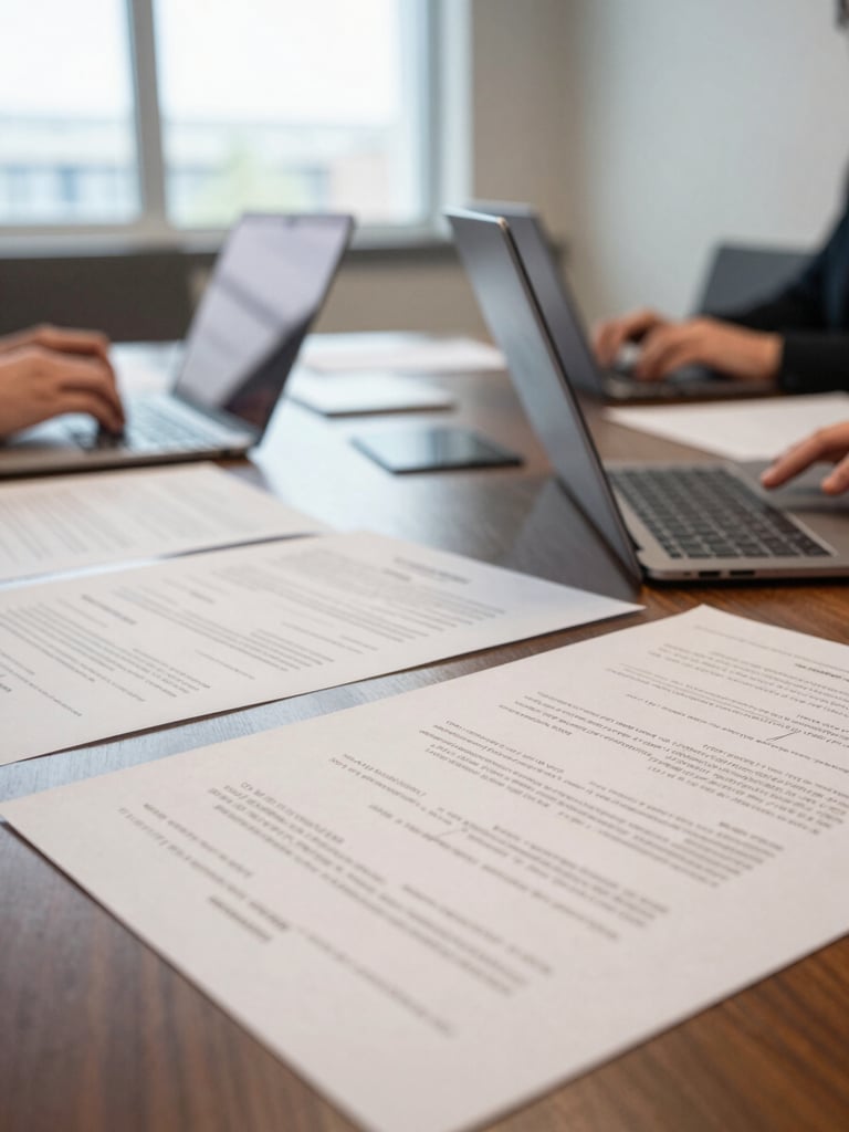 Close-up wide shot of a meeting room in active use, printed strategy documents and laptops spread across a conference table, even daylight from large windows, no faces visible, organized and purposeful atmosphere