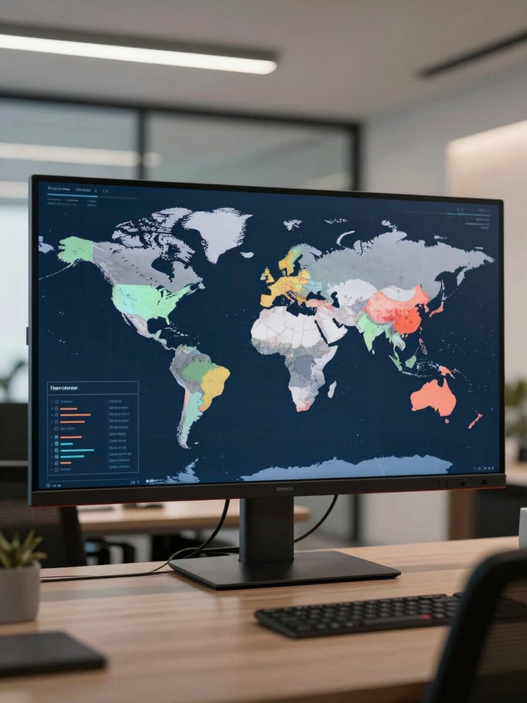 Wide shot of a world map on a large monitor mounted in a modern office, data overlays showing regional market segments, even neutral lighting, no people in frame, clean corporate environment