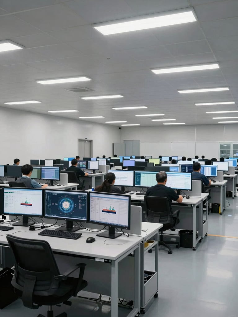 Wide panoramic view of a modern logistics operations center, rows of organized workstations with monitors displaying global shipping data, even overhead fluorescent lighting, low horizon showing the full floor scale, no people facing camera