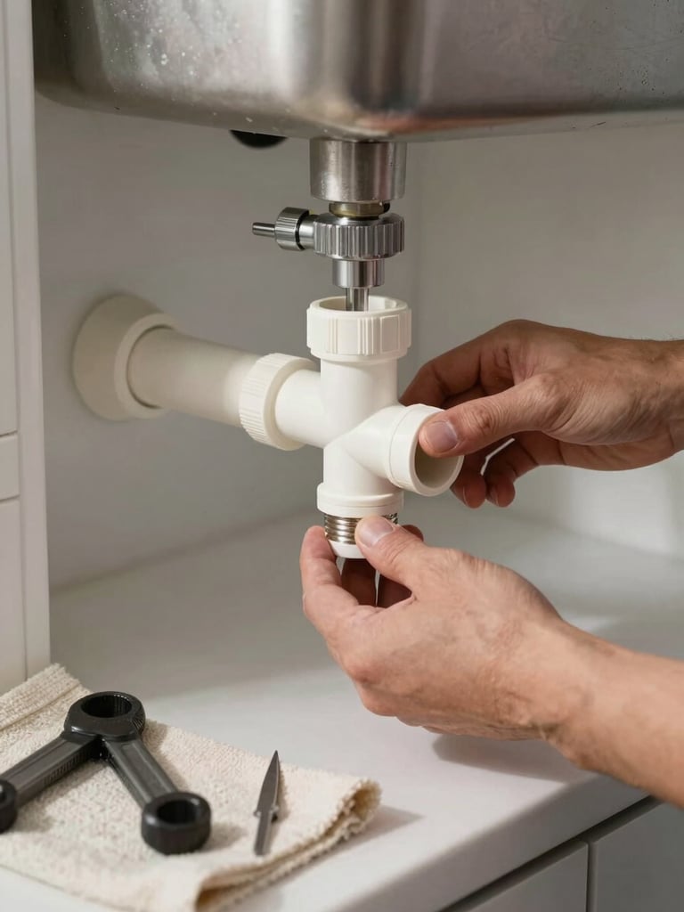 Plumber's hands fitting a PVC pipe connector under a kitchen sink, water supply valve visible, morning daylight from a nearby window, tools laid on a cloth on the cabinet floor