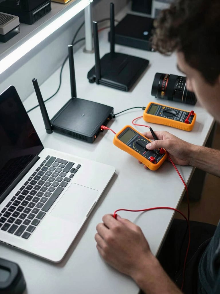 Overhead shot of secondhand electronics laid out on a workbench — a laptop, a router, and a set of cables — being tested with a multimeter, overhead shop fluorescent light, no branding visible