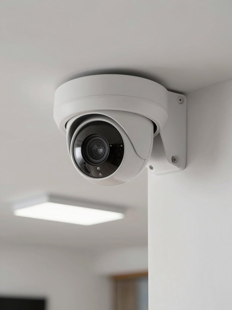 CCTV dome camera mounted flush on a white ceiling corner, cable routed neatly along the wall, residential living room background, overhead fluorescent light, sharp focus on camera housing