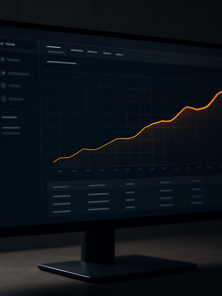 Cinematic 21:9 framing. A sleek computer monitor displaying a high-performance Meta Ads manager dashboard with rising orange trend lines, sharp focus, technical grid background, crisp shadows.