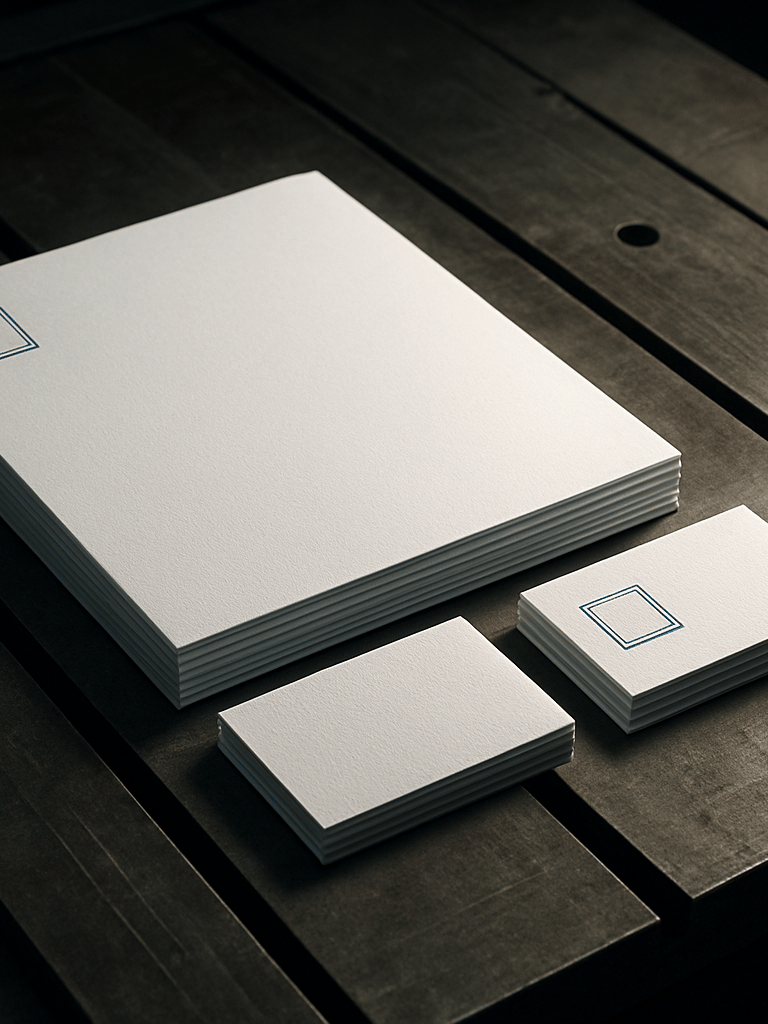 Cinematic 21:9 framing. A stack of premium corporate letterheads and business cards with embossed electric blue typography, resting on a heavy metal industrial cutting table under bright, focused studio light.