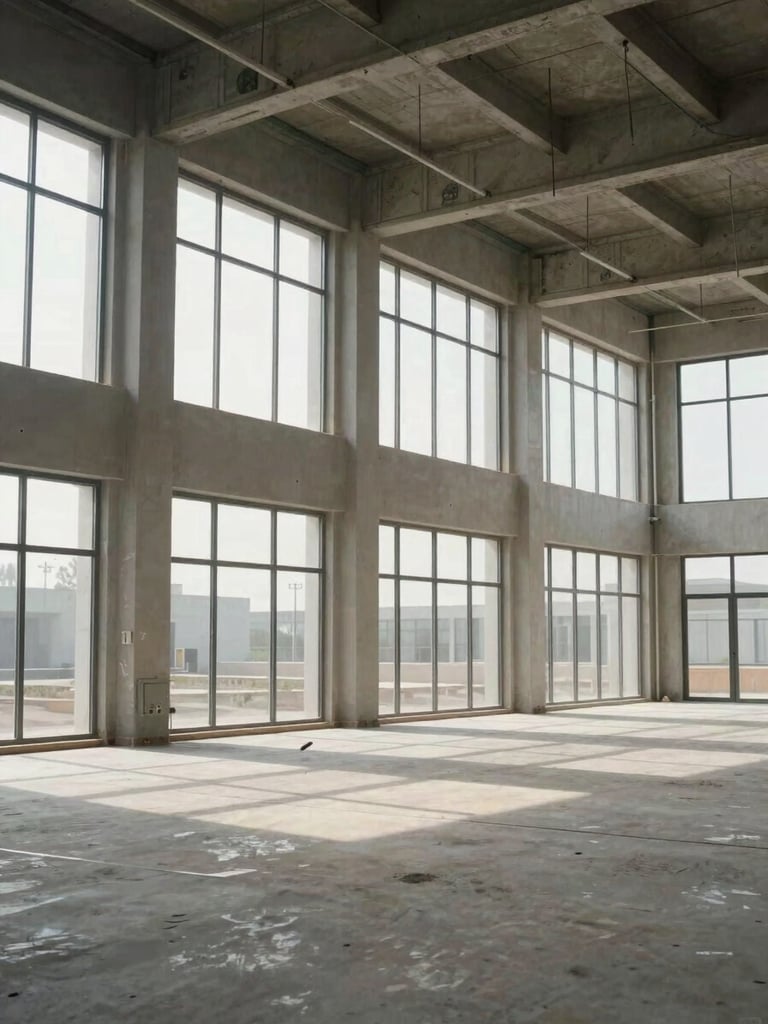Wide environmental shot of a completed commercial installation interior, sharp natural light from large windows, finished structural framework and clean surface details visible, industrial scale showing full room scope, no people, matter-of-fact documentary framing