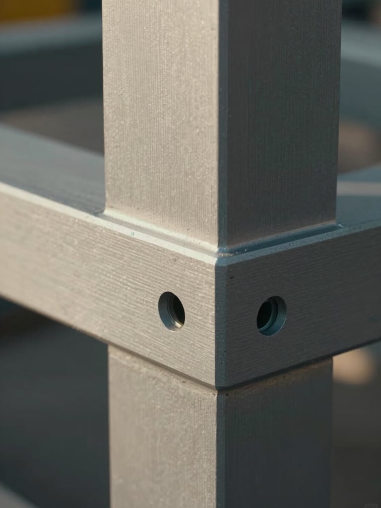 Close-up detail of a completed structural joint or precision-fitted panel assembly, sharp natural light revealing surface finish quality, industrial setting, no persons visible