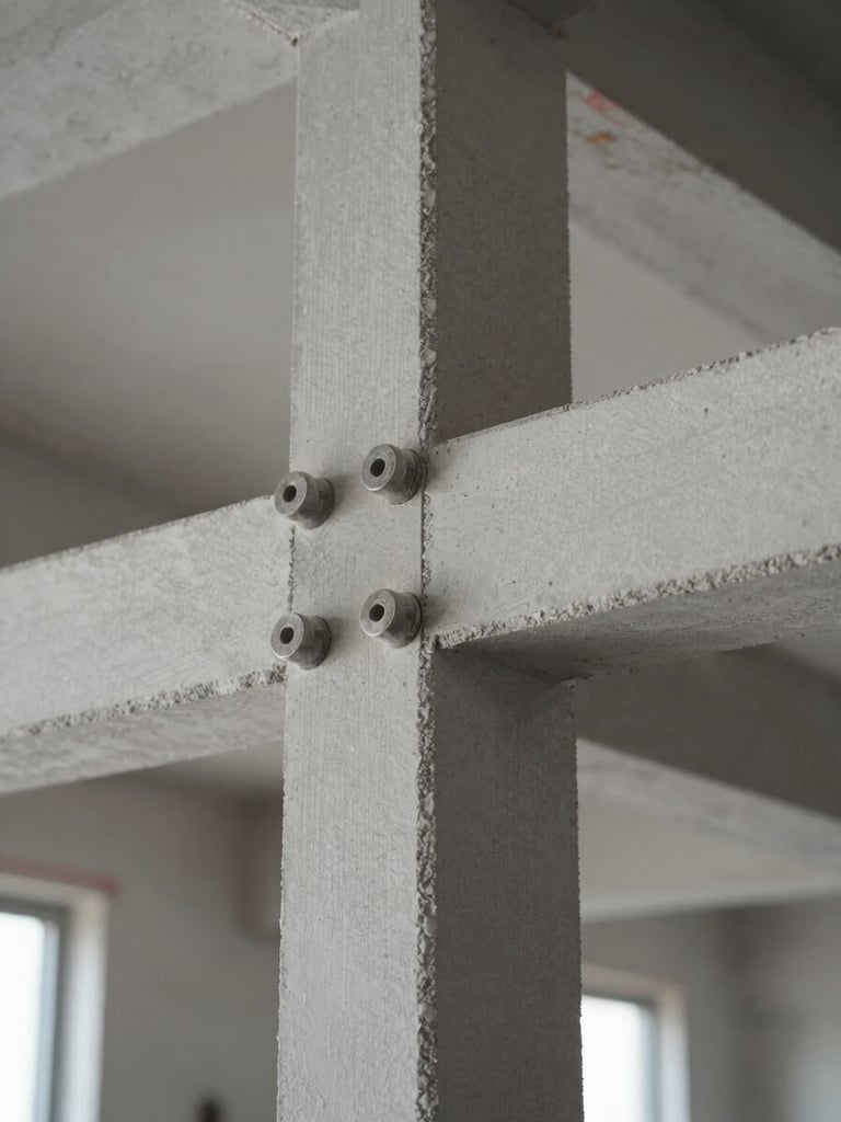 Close-up detail shot of a finished installation joint or structural connection on a completed project, sharp focus under bright neutral artificial lighting, showing precision of workmanship and finish quality, documentary style