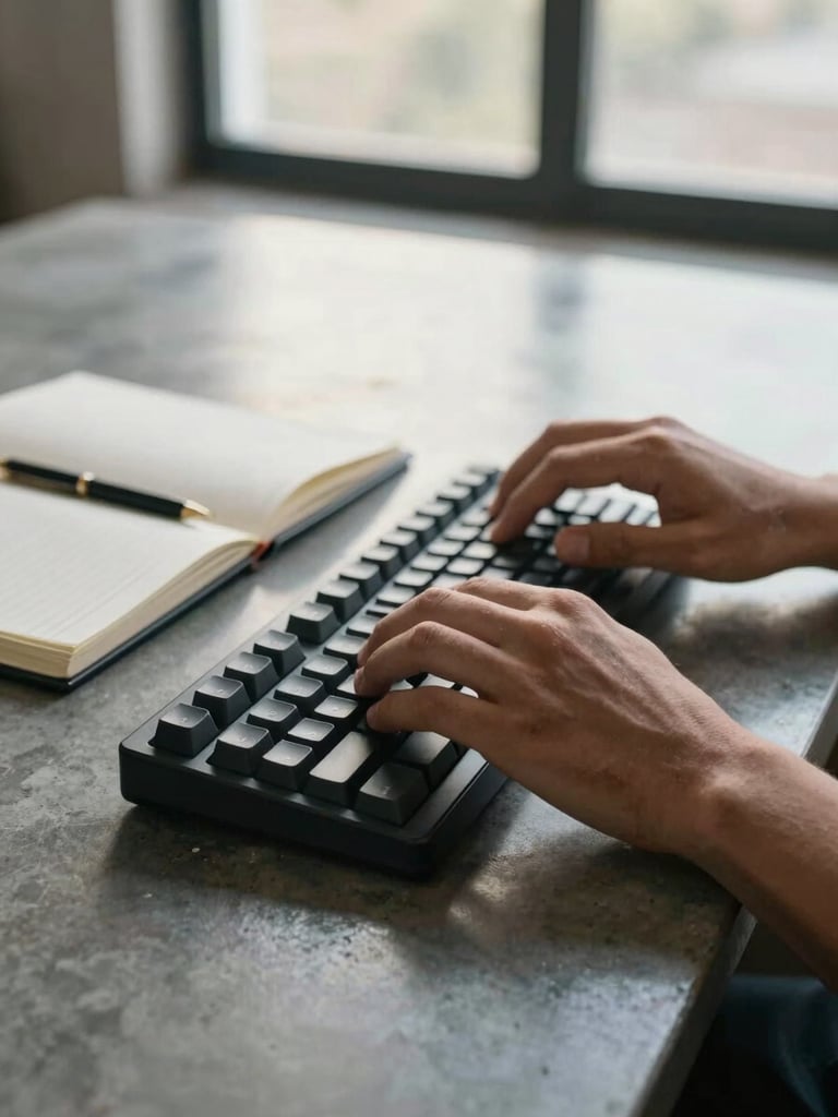 A close-up of a professional's hands typing on a mechanical keyboard next to a clean notebook, cool morning light from a large window reflecting off a polished concrete desk.