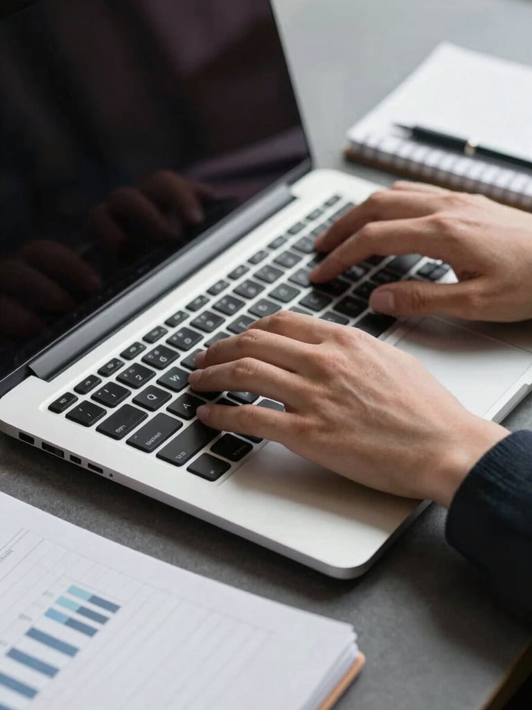 Close-up of hands typing on a laptop next to a notebook with structured business charts, clean dramatic lighting, cool corporate undertones