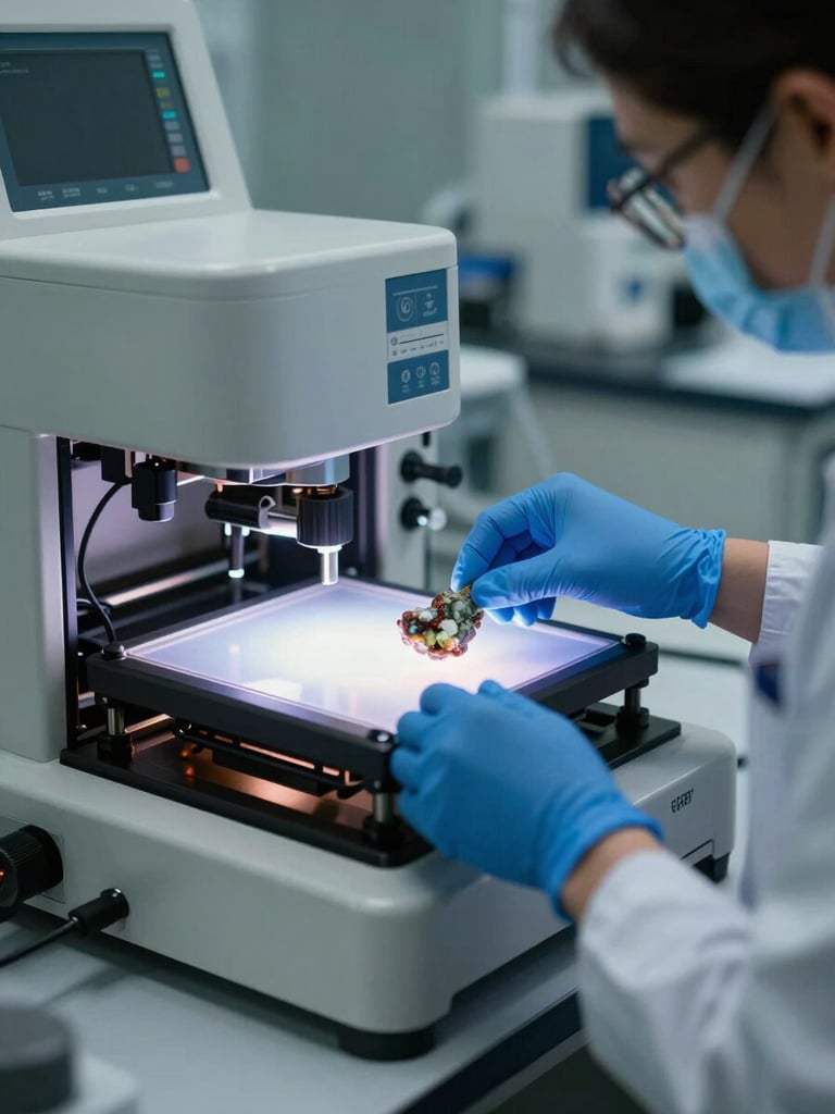 Vista lateral de un espectrómetro de masas en un laboratorio clínico iluminado por luz blanca difusa, un técnico con guantes de nitrilo azul ajustando una muestra de mineral en primer plano.