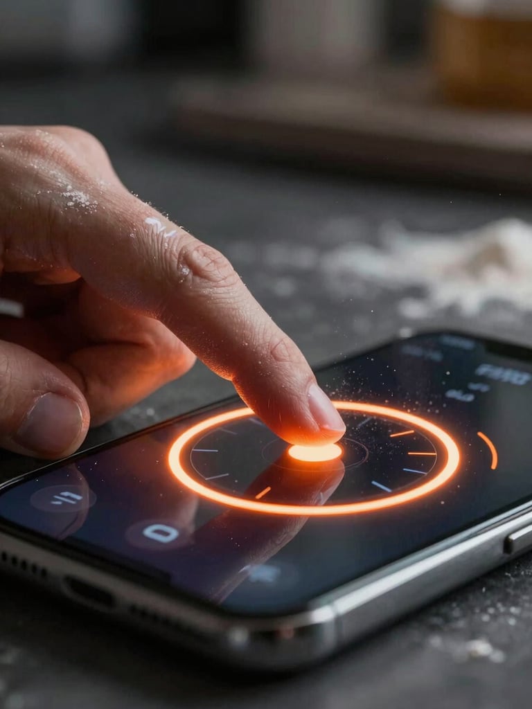 Extreme close-up of grease-covered fingers tapping a glowing neon-orange dial interface on a smartphone screen, dramatic side-lighting, dark kitchen background with flour dust in the air.
