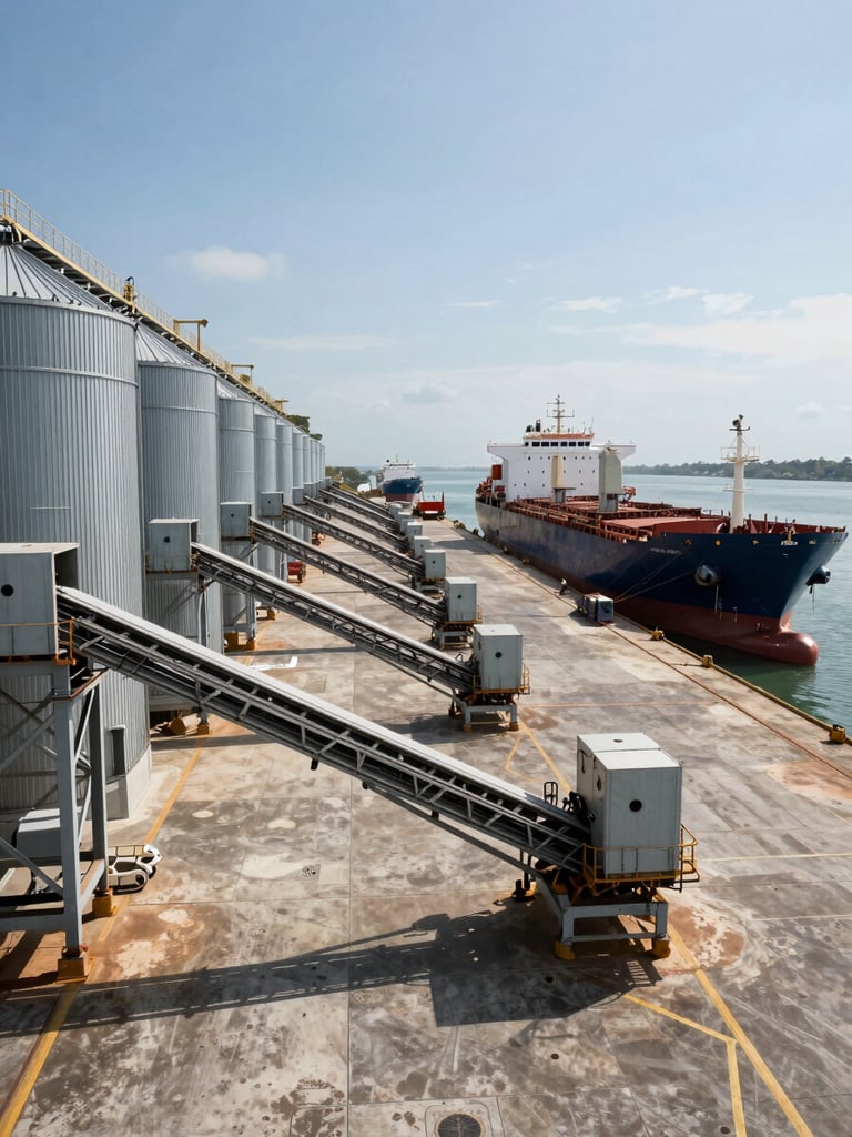 Wide panoramic view of a Brazilian grain port terminal, bulk cargo conveyors and silos stretching left across the frame, a bulk carrier vessel docked at right, harsh midday industrial light, concrete and steel in foreground