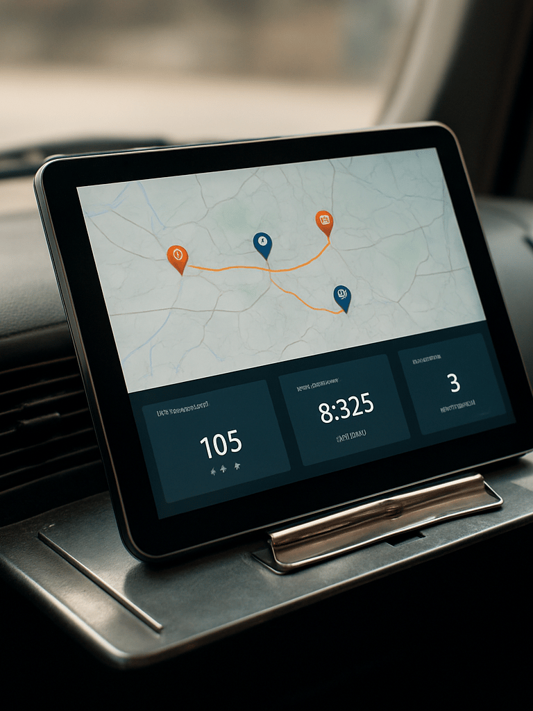 Close-up of a logistics dashboard tablet screen showing real-time fleet tracking map and cargo weight metrics, placed on a metal clipboard resting on a truck dashboard, natural daylight from cab window, precise documentary framing