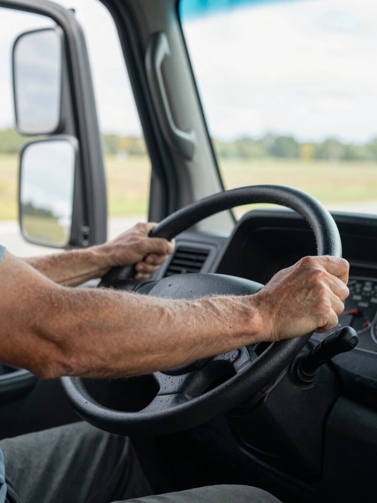 Close-up of a truck driver's hands gripping the steering wheel inside a heavy-duty cab, natural daylight streaming through the windshield, dashboard gauges visible in the lower frame, focus on grip and control