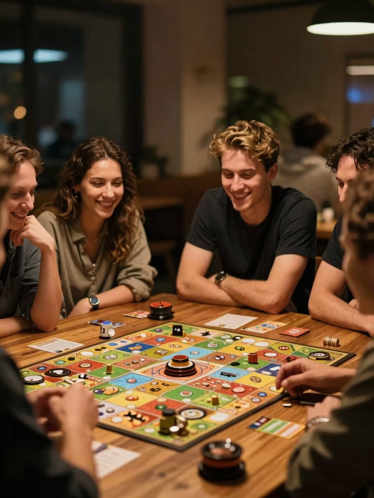 A friendly tabletop sommelier explaining game rules to a laughing group of young professionals, warm moody lighting, board game on a wooden table, 35mm