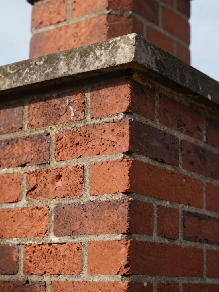 Macro shot of clean, restored brick masonry joints on a chimney exterior, bright natural daylight, crisp details.