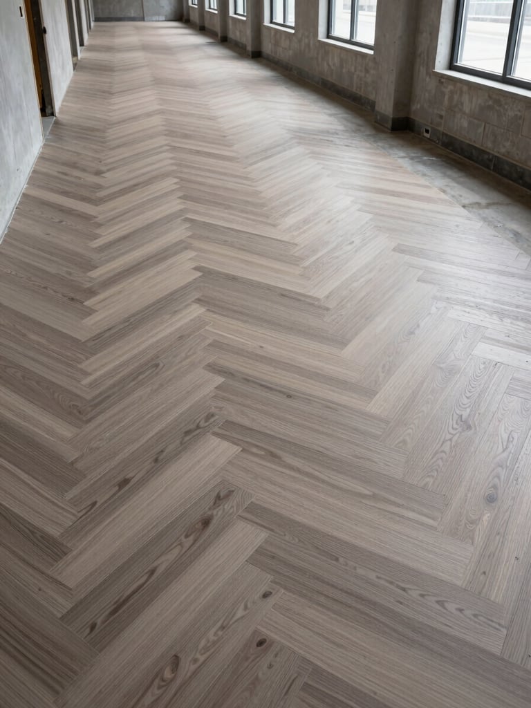 Wide-angle shot down a commercial corridor mid-installation, LVP planks laid in a herringbone pattern across two-thirds of the floor, raw concrete subfloor visible at the far end, overcast daylight from side windows casting even shadowless light, no people present