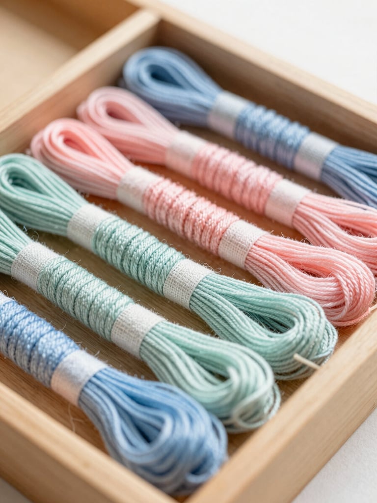Macro photograph of neatly organized pastel embroidery floss skeins in a wooden sorting tray, soft natural daylight, shallow depth of field.