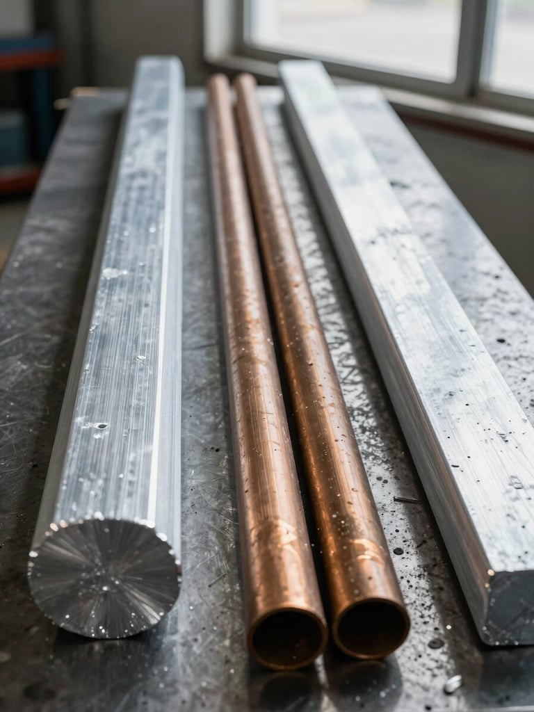 Overhead close-up of raw material billets — round aluminum bar, bronze rod, and stainless steel stock arranged side by side on a steel workbench, daylight from north-facing window, surfaces showing distinct grain and finish differences