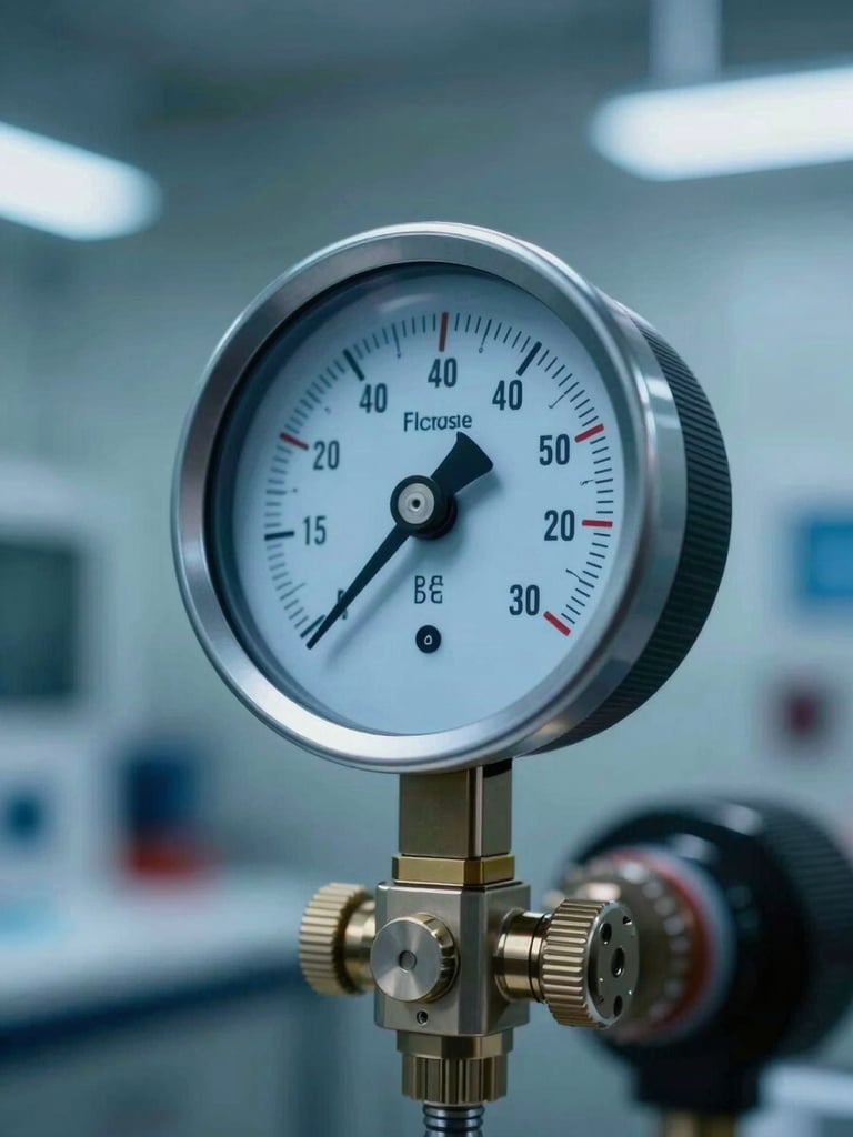 Close-up of a high-contrast digital manifold gauge displaying precise pressure readings in a clean mechanical room, cool blue lighting.