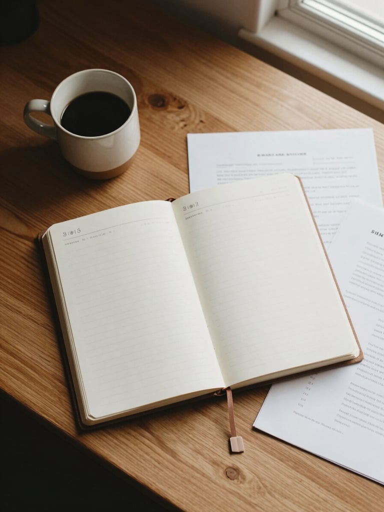 Overhead flat-lay of an organized wooden desk, a clean open planner, a ceramic coffee mug, and neat physical documents under soft morning daylight.