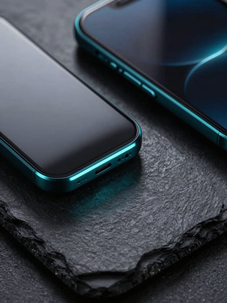 Close-up macro shot of sleek tech gadgets with cool studio lighting and sharp high-contrast shadows on a dark slate background.