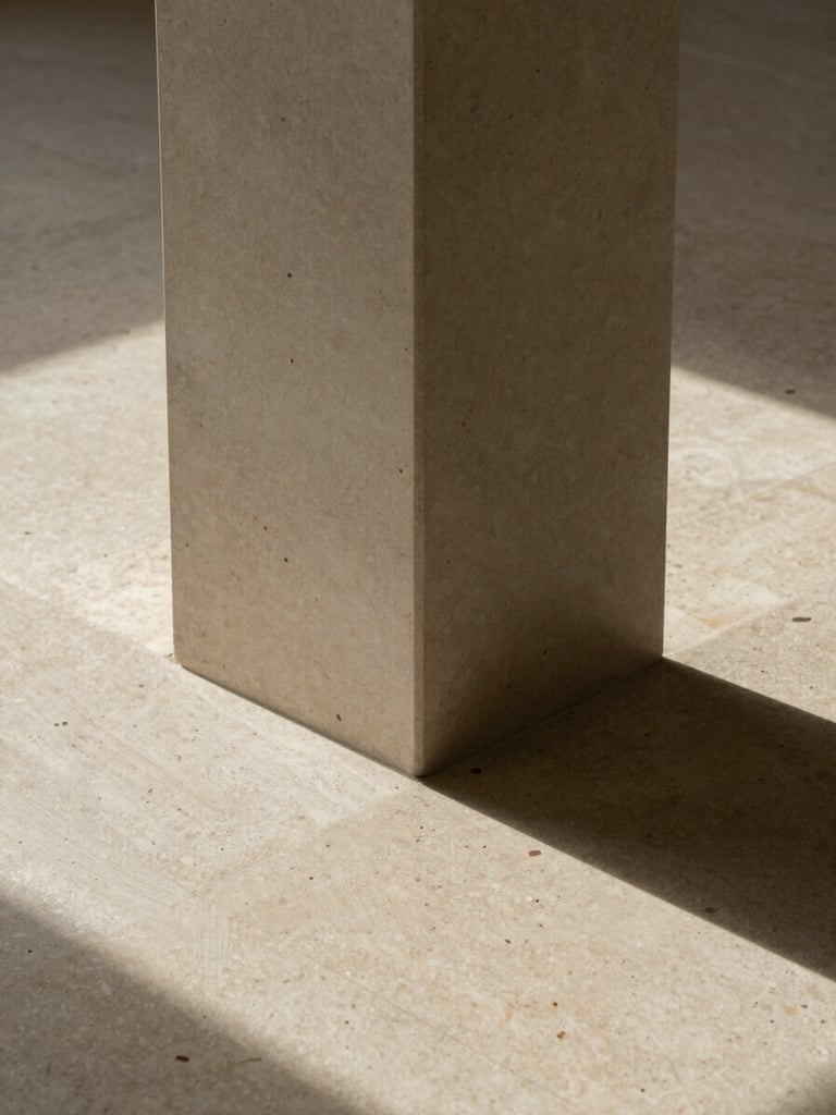 Symmetrical close-up of a structural column meeting a polished travertine floor, soft natural side light, architectural shadow lines, minimalist composition