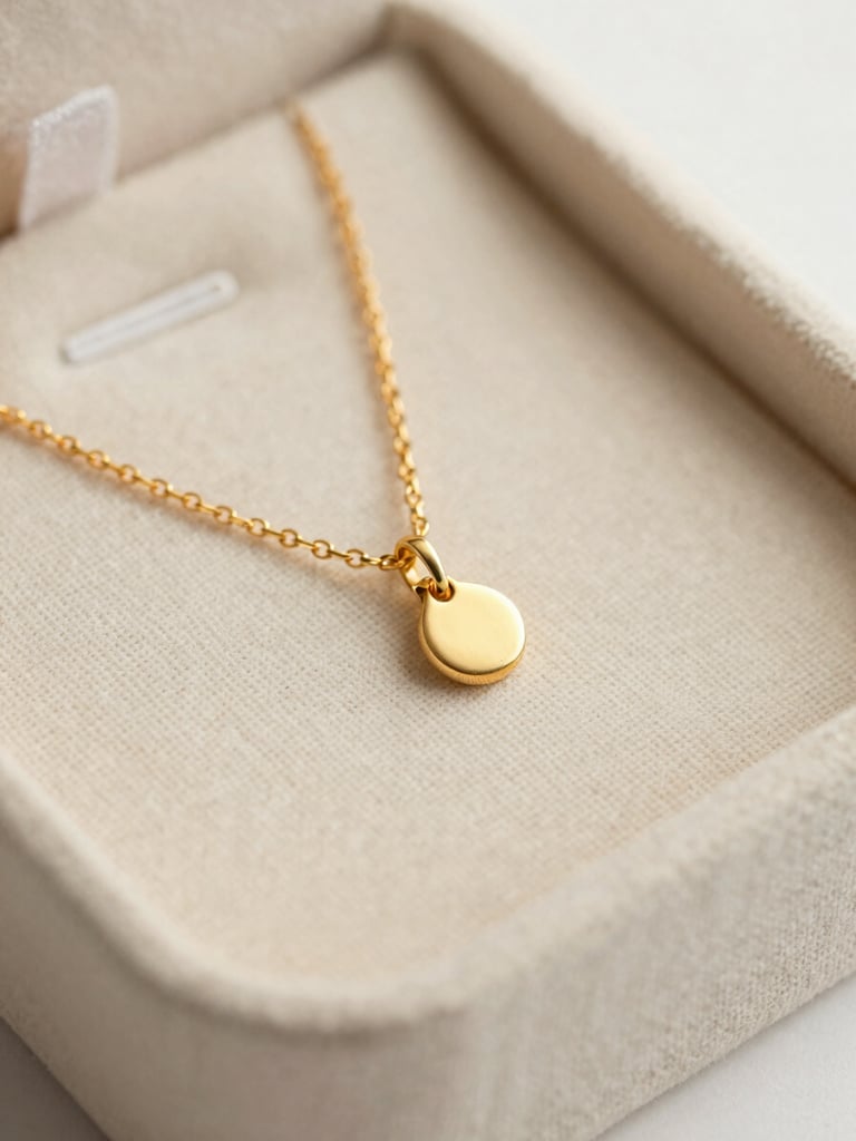 Extreme close-up of a tiny gold-plated necklace resting inside a soft cream cardboard jewelry box on textured linen, soft natural daylight, macro photography