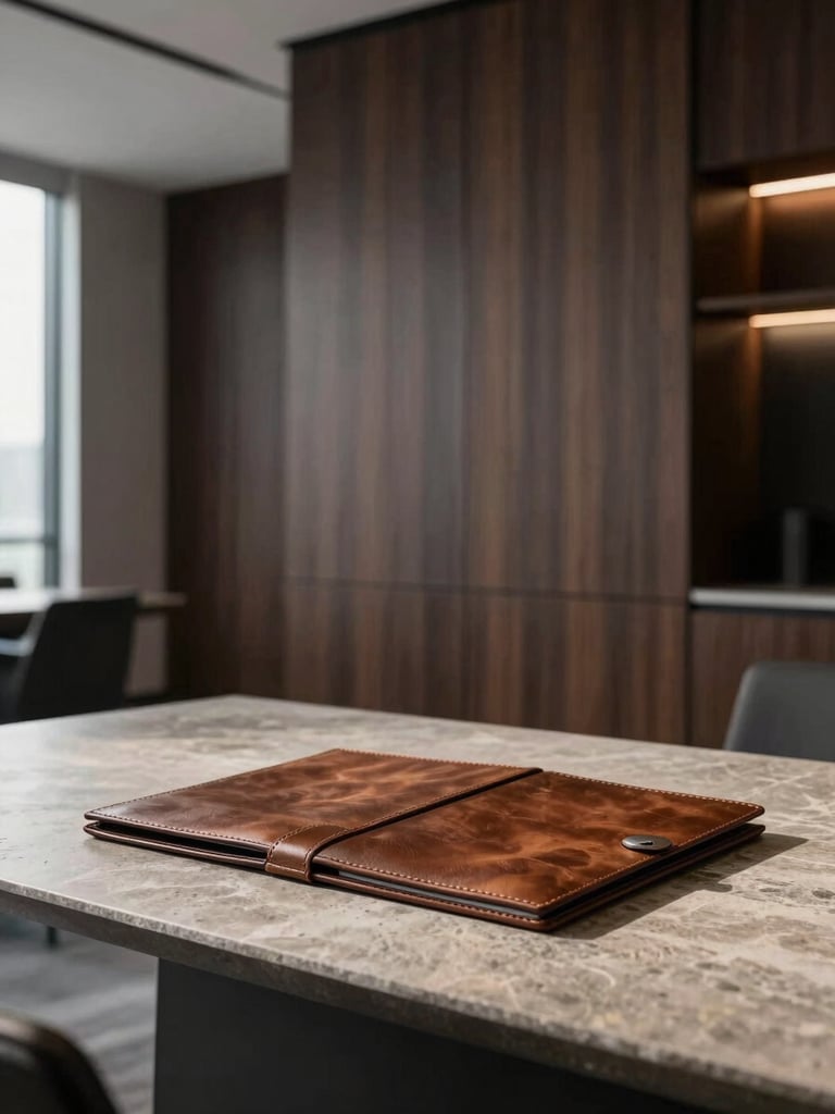 Minimalist corporate office interior with dark wood and leather details, soft architectural lighting, a high-quality leather folder on a stone table, professional medium format