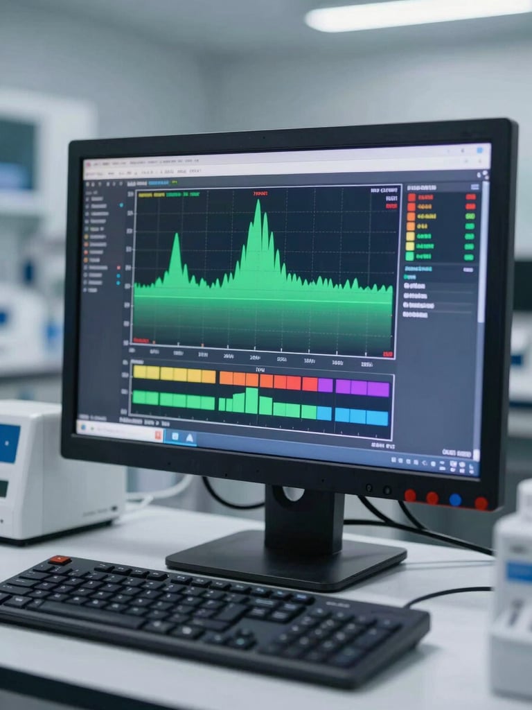 A clean laboratory computer monitor displaying spectral data graphs and color compliance charts, sharp focus, cool clinical lighting.