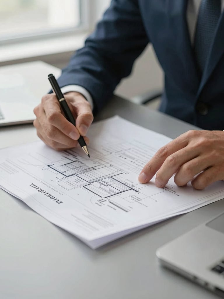 Close-up of professional hands reviewing operational blueprints and taking notes on a warm gray desk, soft natural window light, editorial corporate photography style.