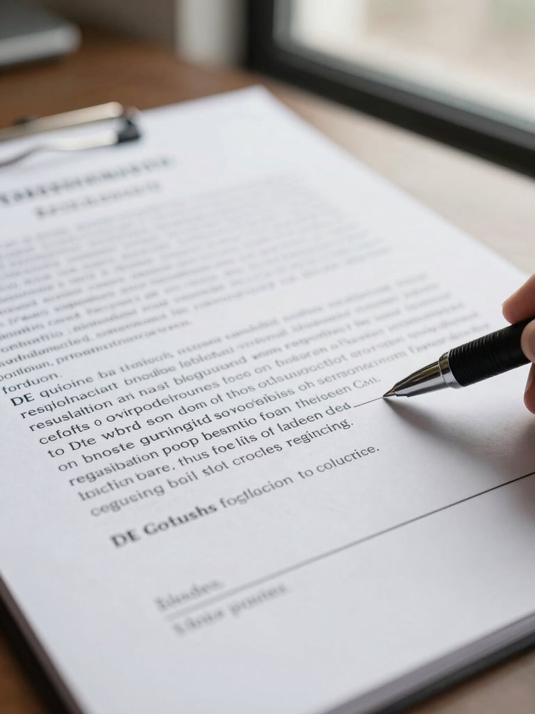 Close-up of open regulation text on a printed government document, a pen resting on a signature line, natural daylight from an office window, shallow depth of field highlighting printed paragraph text, muted warm stone and white tones