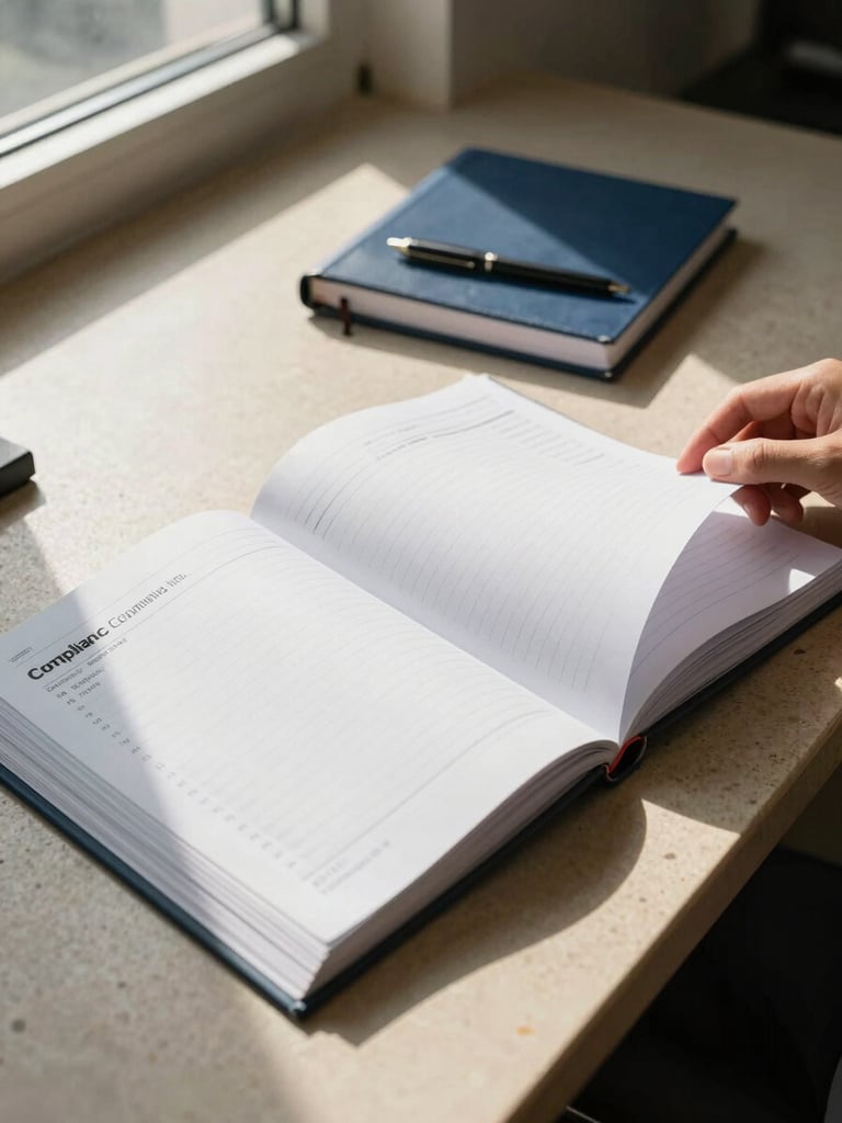 Wide environmental shot of a working desk — open ledgers, a compliance register, natural morning window light falling across the surface, single accountant's hand turning a page, no face visible, warm stone and navy stationery tones