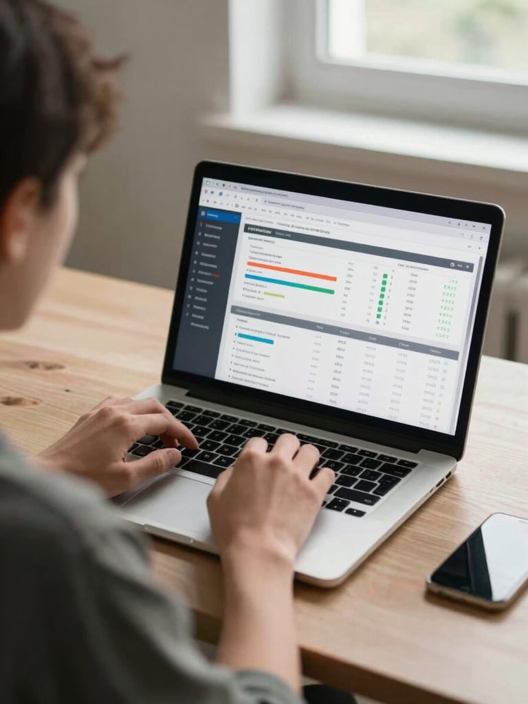 Over-the-shoulder view of a creator at a desk, laptop screen displaying campaign analytics dashboard with real metrics, natural daylight from a nearby window, hands on keyboard mid-session, neutral studio background