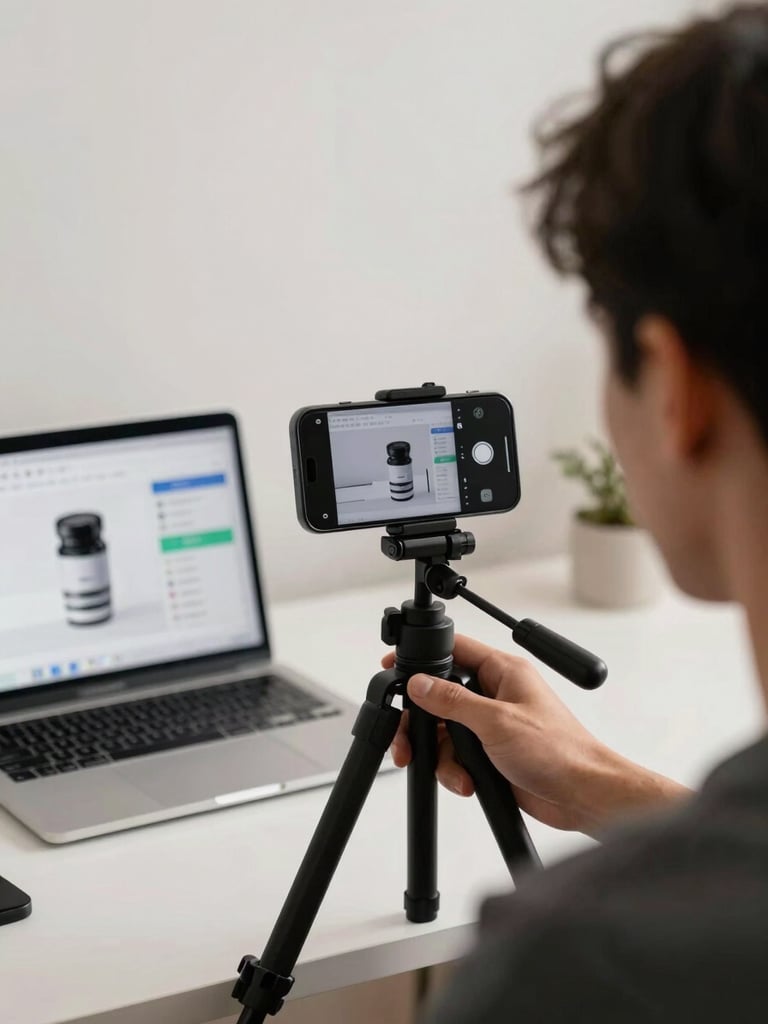 Over-shoulder view of a creator filming a product demo on a smartphone mounted to a tripod, laptop open beside them showing a campaign analytics dashboard, neutral studio light, clean desk setup