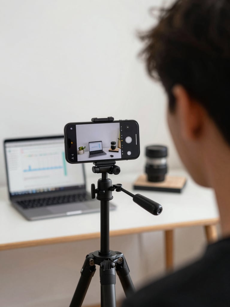 Over-the-shoulder view of a creator filming a product demo on a smartphone mounted to a tripod in a minimal home studio, natural daylight from left, laptop with analytics dashboard visible in background
