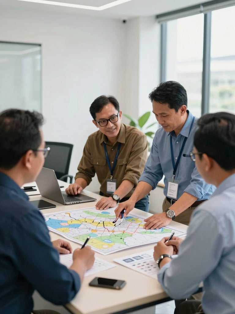 Bright professional photography of Indonesian community leaders discussing maps and charts in a clean modern office, natural daylight, warm professional atmosphere