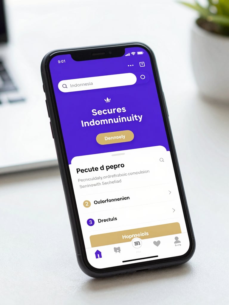 A close-up of a smartphone screen displaying a secure Indonesian community portal, clean desk environment, bright professional lighting, royal purple accents.