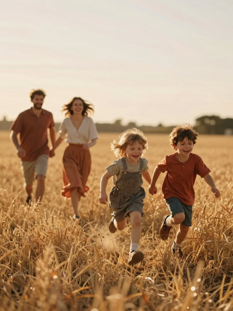 A family running through a golden field, children laughing, warm sun-drenched environment, cinematic 35mm look