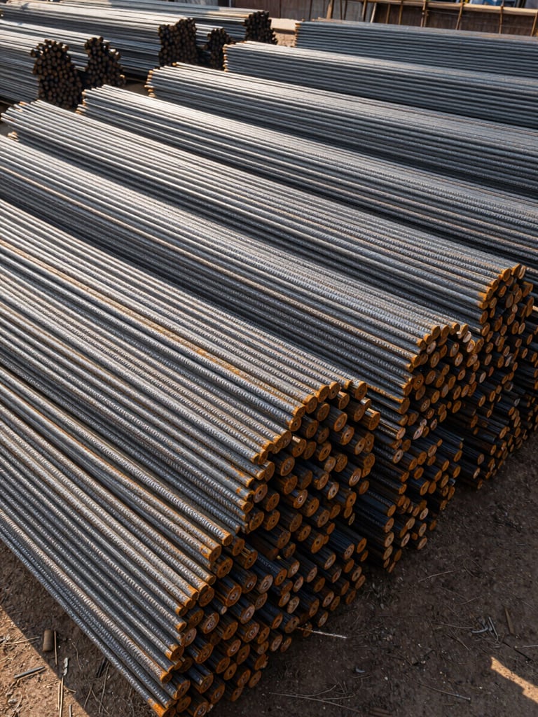 Wide shot of bundled TMT steel bars stacked in tight rows on a Goregaon construction yard, morning daylight casting hard shadows across the ribbed bar surface, rust-free finish visible in close foreground, stacked inventory receding into background depth