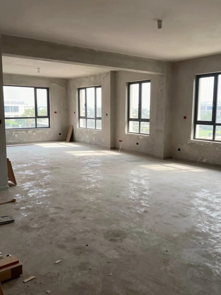 Wide shot of a mid-construction residential apartment interior in Mumbai — freshly laid large-format floor tiles in an open living space, natural morning light through window openings, no workers, materials and tools visible at the edge of frame