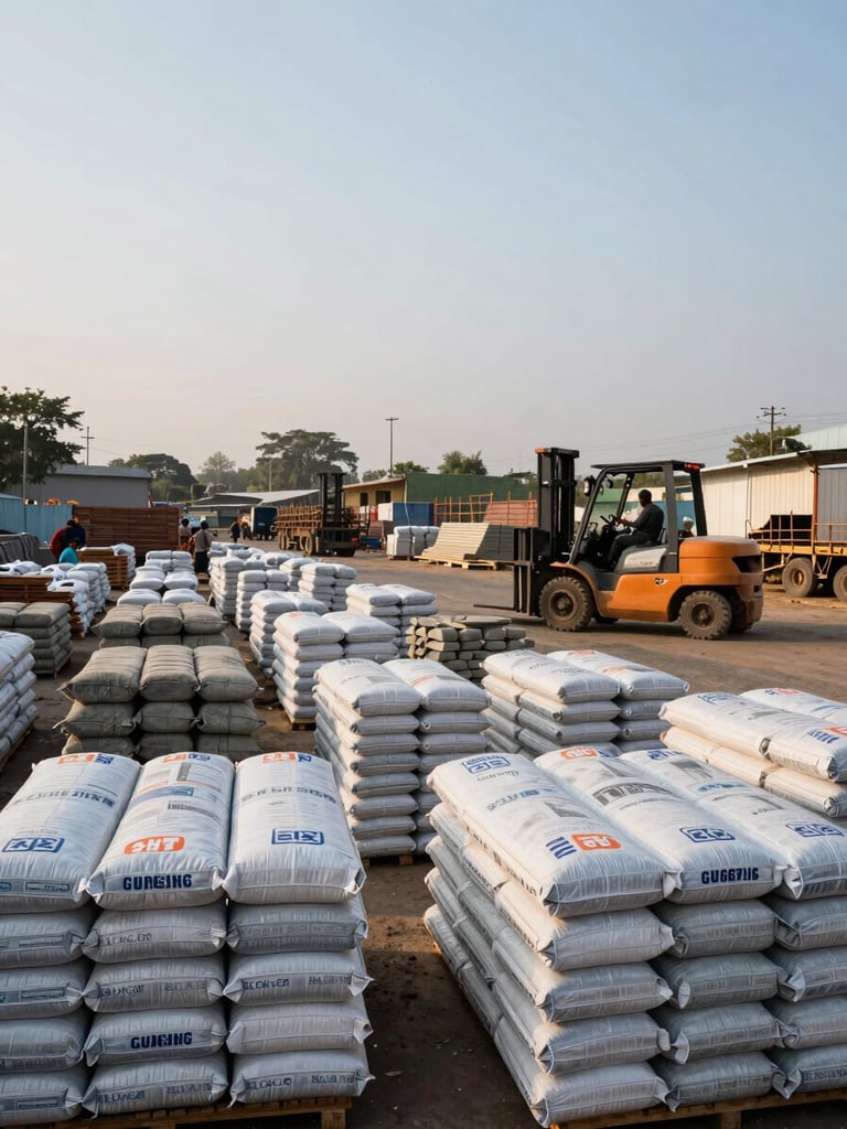 Wide shot of a Goregaon construction materials yard, organised rows of TMT bundles and cement bags under clear morning sky, forklift visible in background, no posed workers, documentary framing