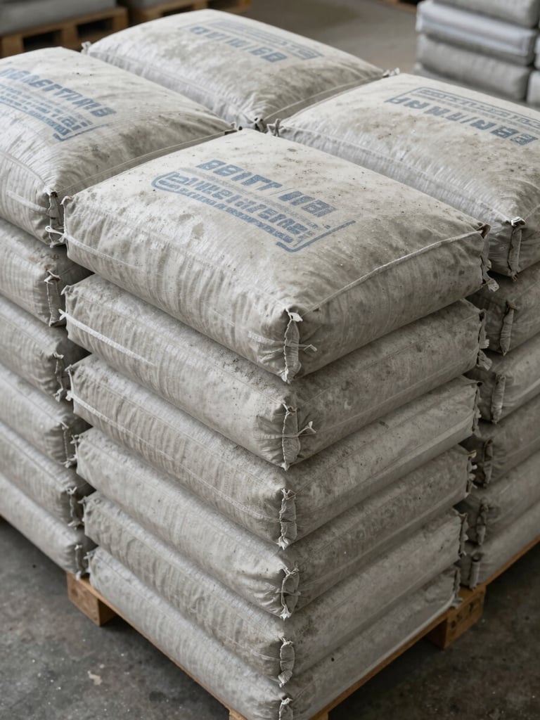 Close overhead shot of stacked cement bags on a warehouse floor, bags slightly dusty with visible brand printing, flat industrial fluorescent lighting, concrete floor visible at edges