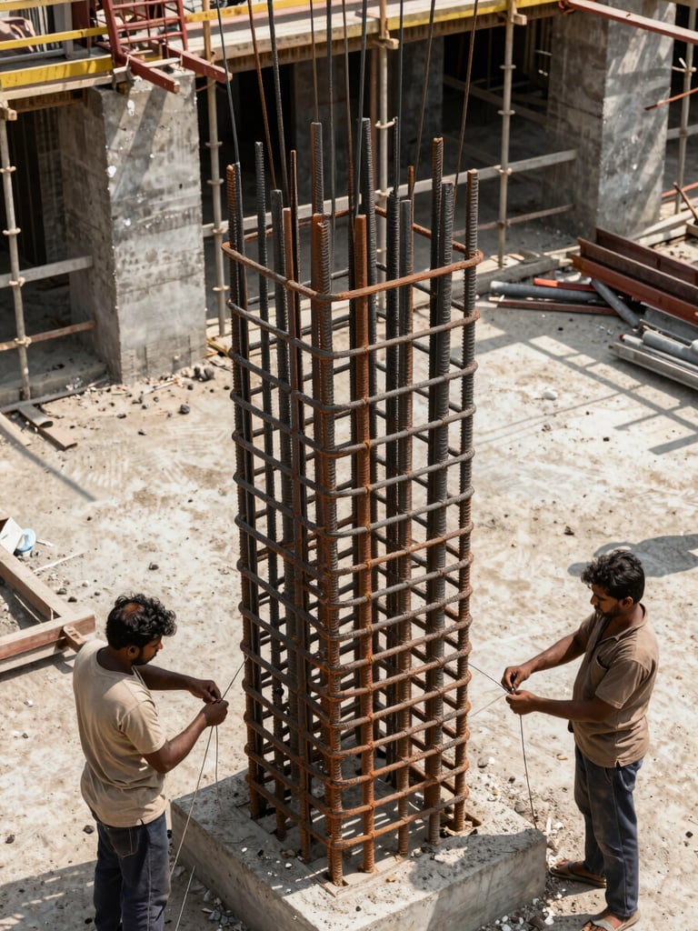Overhead view of a Mumbai construction site, TMT bar cage visible in a column formwork at center, workers' hands tying wire off to the side, harsh noon sunlight, concrete forms and scaffolding in background