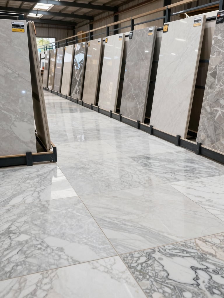 Wide shot of a tiled showroom floor at a construction materials yard in Mumbai — large-format polished marble slabs and ceramic floor tiles arranged in rows under overhead industrial lighting, daytime, no people, clean sight lines showing material variety