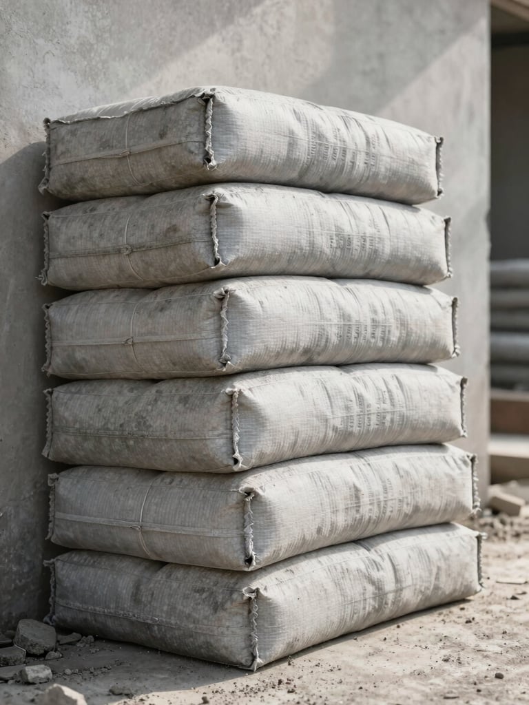 Side-angle view of cement bags leaning against a site wall, texture of paper sacking in sharp focus, morning daylight raking across the surface, no people, construction debris visible at base