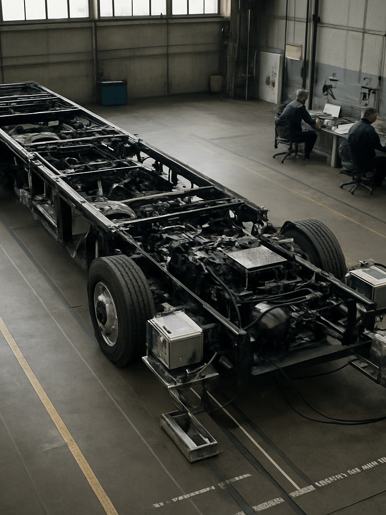 Overhead wide shot of a full bus chassis on a test bench in a large industrial facility, diagnostic rigs attached to the axle assemblies and power electronics enclosures, cool overcast daylight through clerestory windows, technicians at workstations along the right edge, concrete floor with painted measurement guides