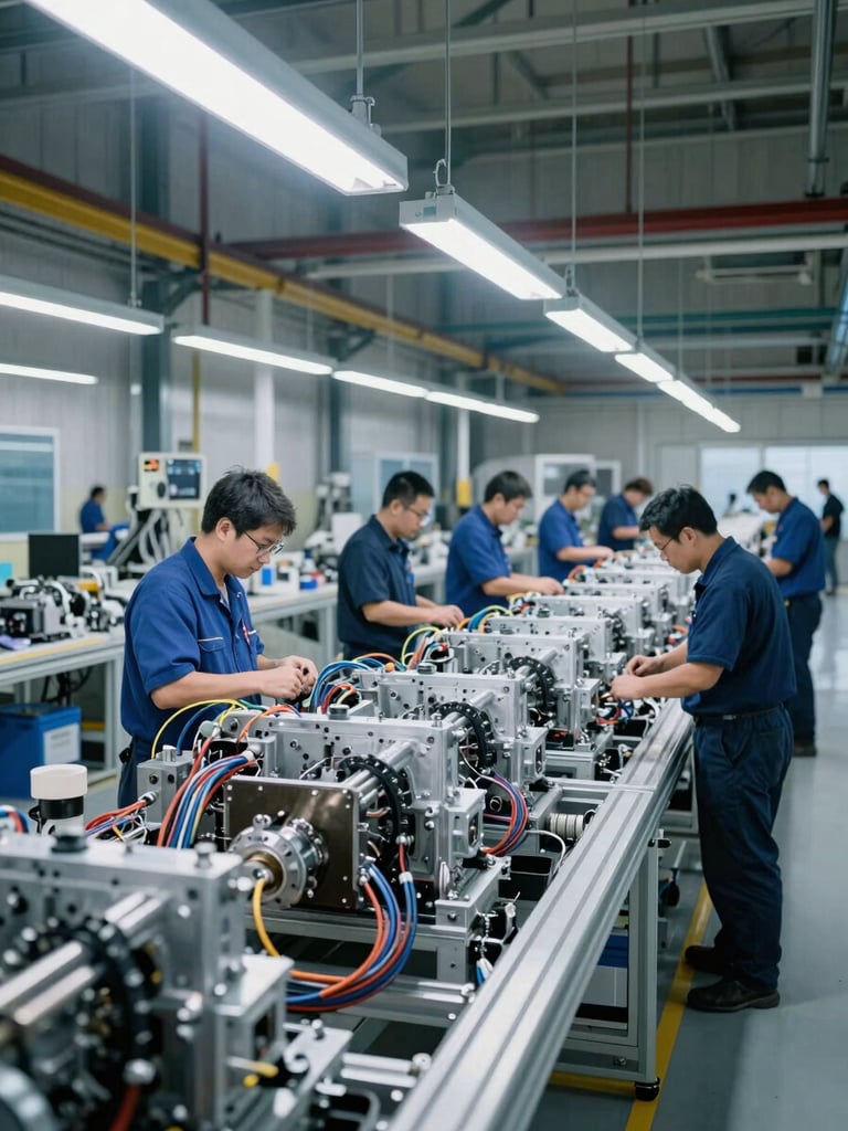 Wide environmental shot of a hydrogen fuel-cell assembly station inside a high-bay industrial facility, technicians at workstations in the mid-ground, overhead LED lighting casting cool blue-white light across machined aluminum components and wiring harnesses mid-integration, factory floor extending into depth
